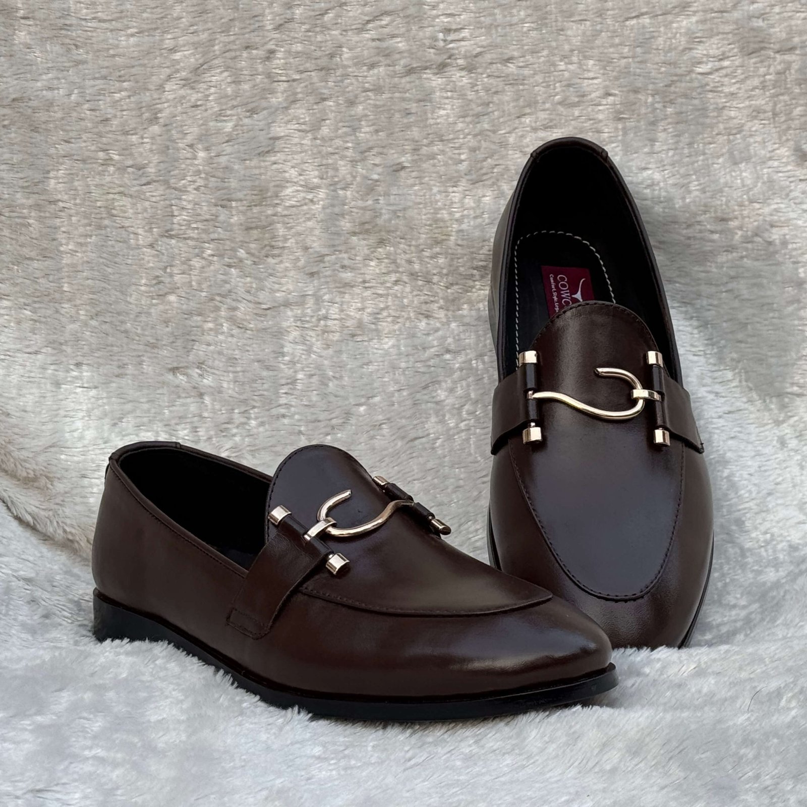 Luxury Italian Leather Loafers – Elegant Brown Slip-Ons with Gold S buckle Detail